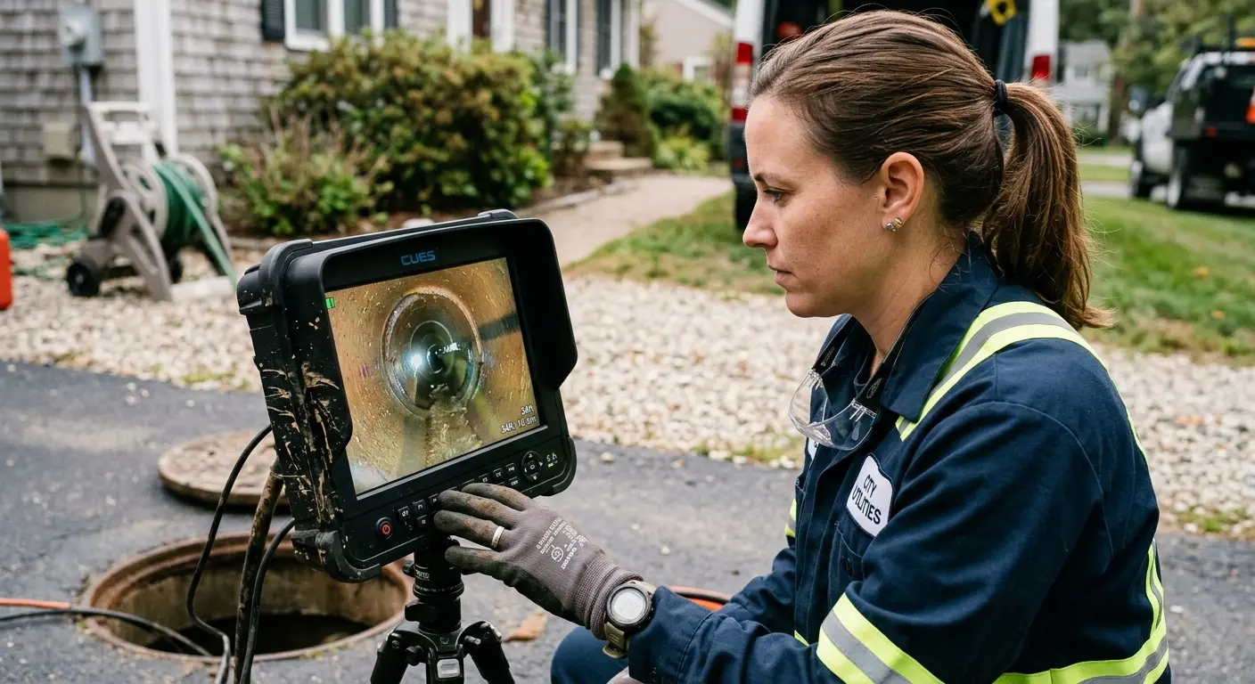 Technician reviewing sewer camera inspection footage in Ste. Genevieve