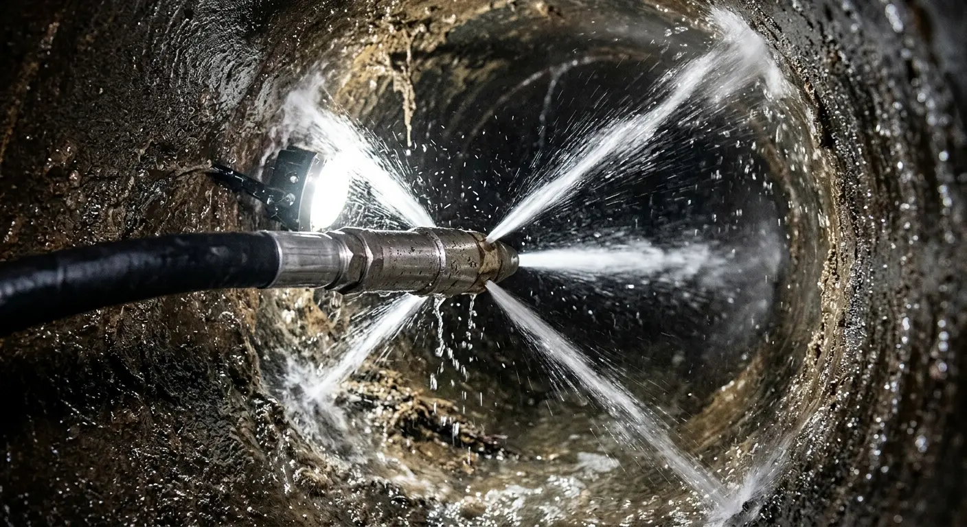 High-pressure hydro jetting nozzle cleaning sewer pipe for Emergency Drain Service in Ste. Genevieve