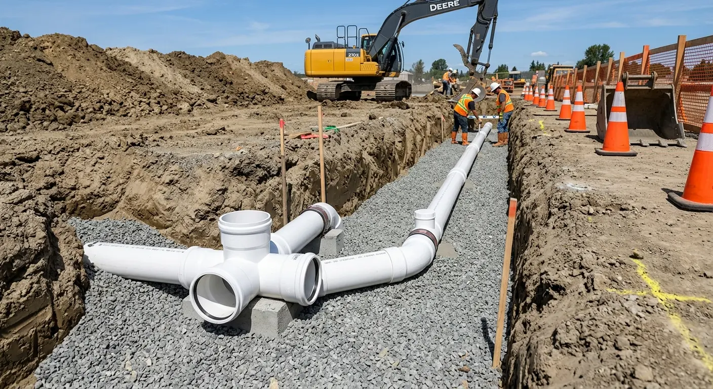 New PVC sewer pipe installation in open trench for Commercial Drain Cleaning in Ste. Genevieve