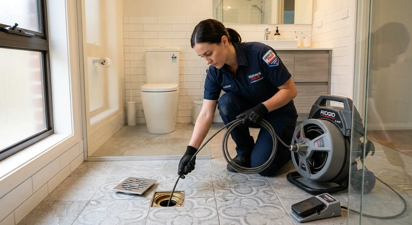 Technician clearing a bathroom floor drain for Sewer Line Replacement in Ste. Genevieve
